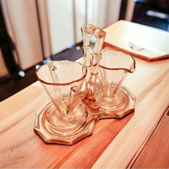 Vintage Cambridge Decagon Pink Depression Glass Sugar Creamer & Tray 1920’s - Picture 2 of 11